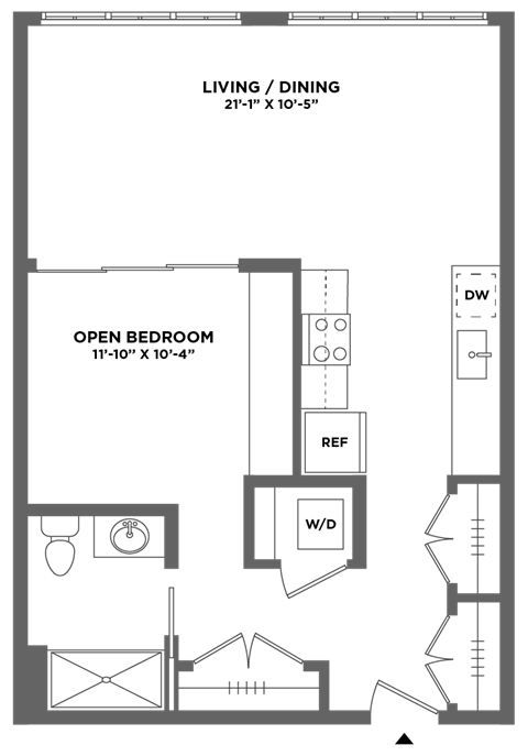 Floor plan for 1 bed, 1 bath, 753 sqft