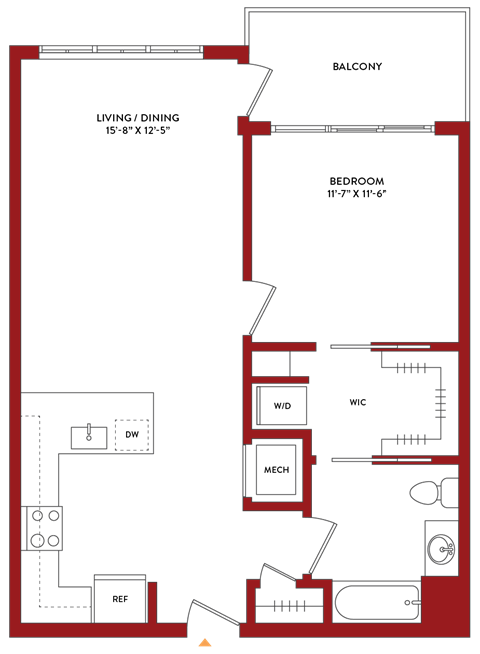 Floor plan for 1 bed, 2 baths, 759 sqft