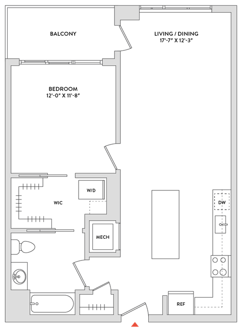Floor plan for 1 bed, 1 bath, 800 sqft