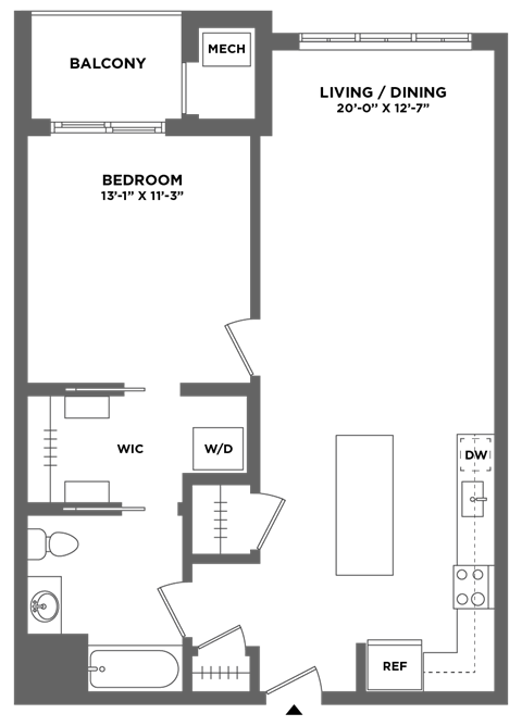 Floor plan for 1 bed, 1 bath, 807 sqft