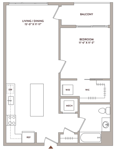 Floor plan for 1 bed, 1 bath, 770 sqft