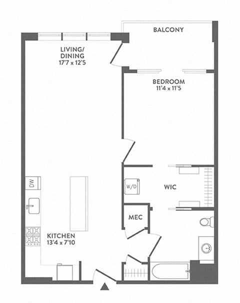 Floor plan for 1 bed, 1 bath, 735 sqft