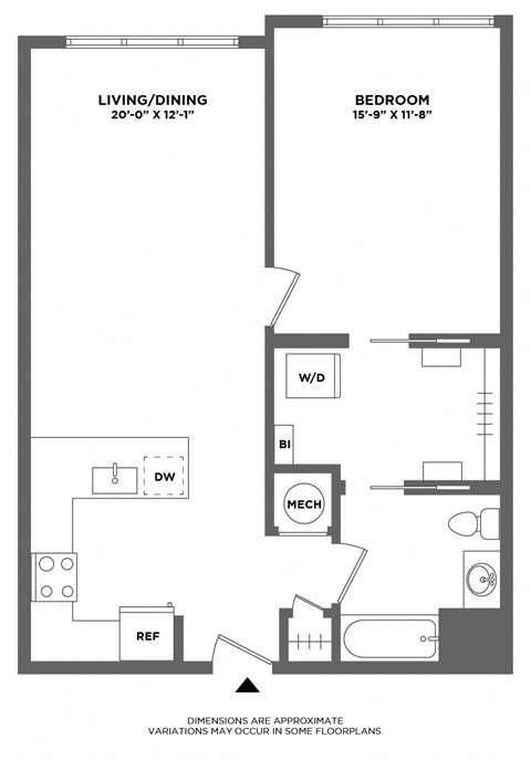 Floor plan for 1 bed, 1 bath, 841 sqft