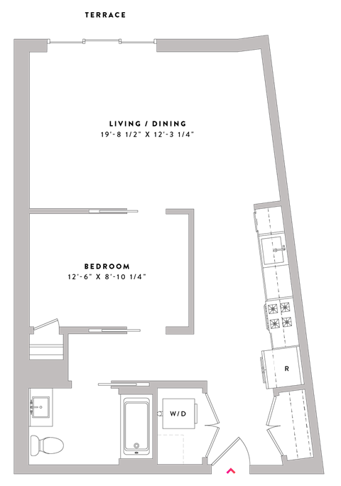 Floor plan for 1 bed, 1 bath, 713 sqft
