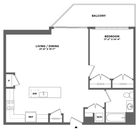 Floor plan for 1 bed, 1 bath, 878 sqft