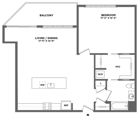Floor plan for 1 bed, 1 bath, 1001 sqft