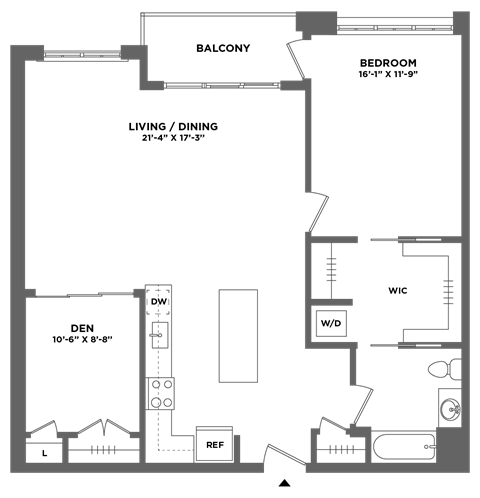 Floor plan for 1 bed, 1 bath, 1105 sqft