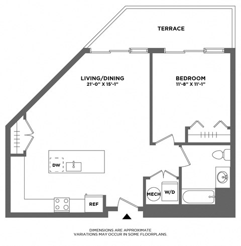 Floor plan for 1 bed, 1 bath, 772 sqft