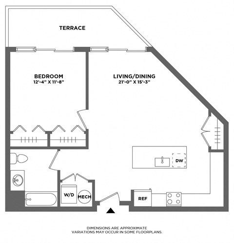Floor plan for 1 bed, 1 bath, 772 sqft
