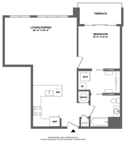 Floor plan for 1 bed, 1 bath, 878 sqft