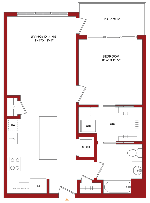 Floor plan for 1 bed, 1 bath, 770 sqft