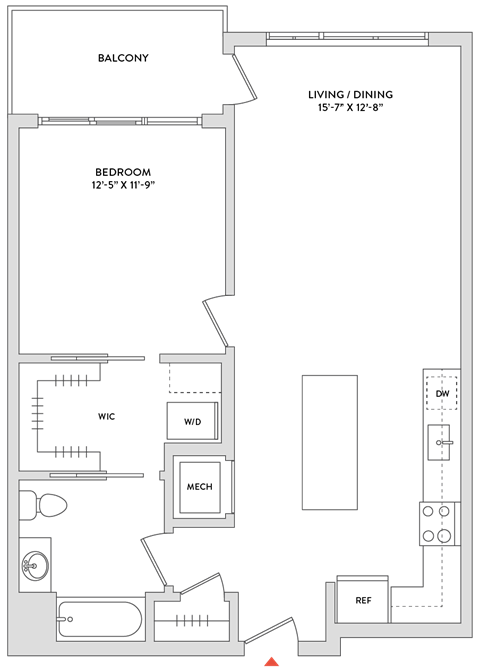 Floor plan for 1 bed, 1 bath, 862 sqft