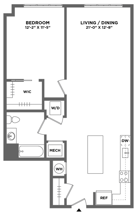 Floor plan for 1 bed, 1 bath, 885 sqft