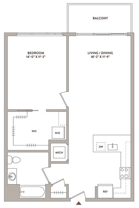 Floor plan for 1 bed, 1 bath, 780 sqft