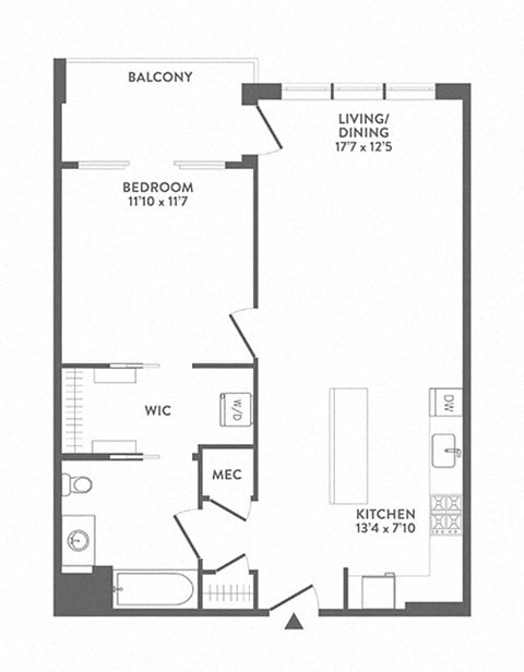 Floor plan for 1 bed, 1 bath, 752 sqft