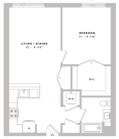 Floor plan for 1 bed, 1 bath, 720 sqft