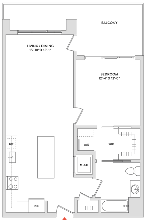 Floor plan for 1 bed, 1 bath, 853 sqft