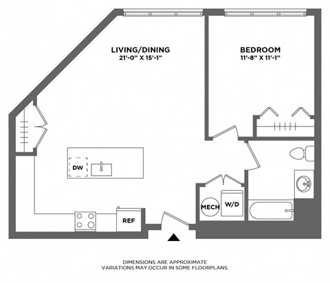 Floor plan for 1 bed, 1 bath, 772 sqft