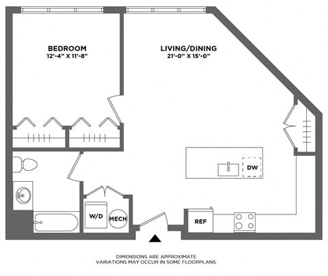Floor plan for 1 bed, 1 bath, 790 sqft