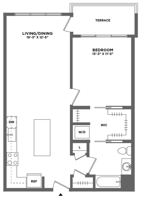 Floor plan for 1 bed, 1 bath, 814 sqft