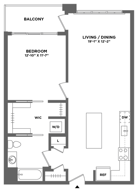 Floor plan for 1 bed, 1 bath, 783 sqft
