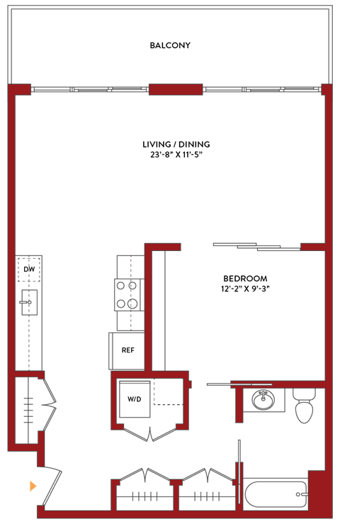 Floor plan for 1 bed, 1 bath, 781 sqft
