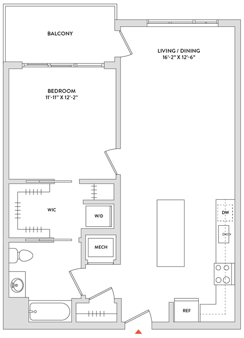 Floor plan for 1 bed, 1 bath, 848 sqft