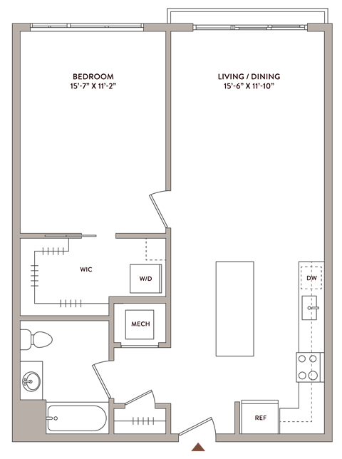 Floor plan for 1 bed, 1 bath, 800 sqft
