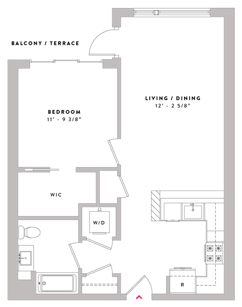 Floor plan for 1 bed, 1 bath, 776 sqft