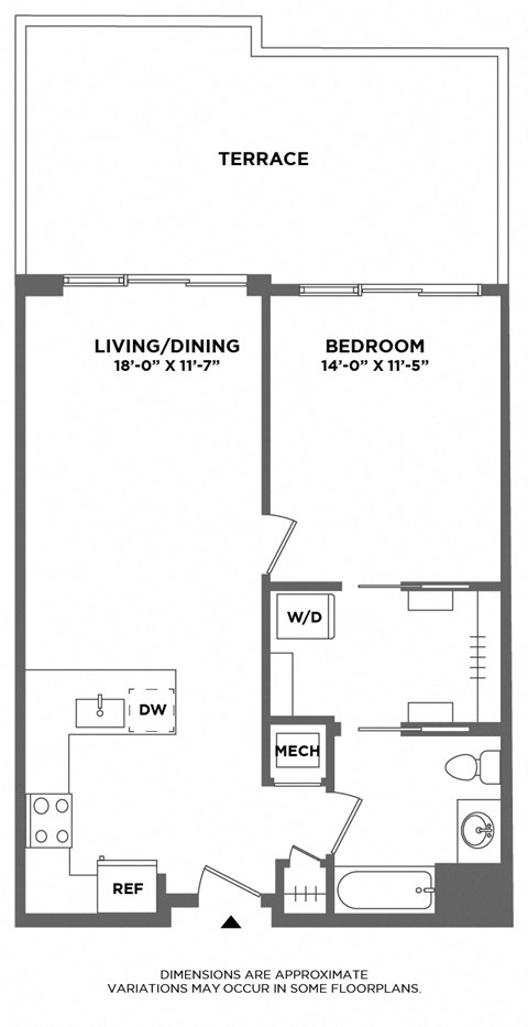 Floor plan for 1 bed, 1 bath, 775 sqft