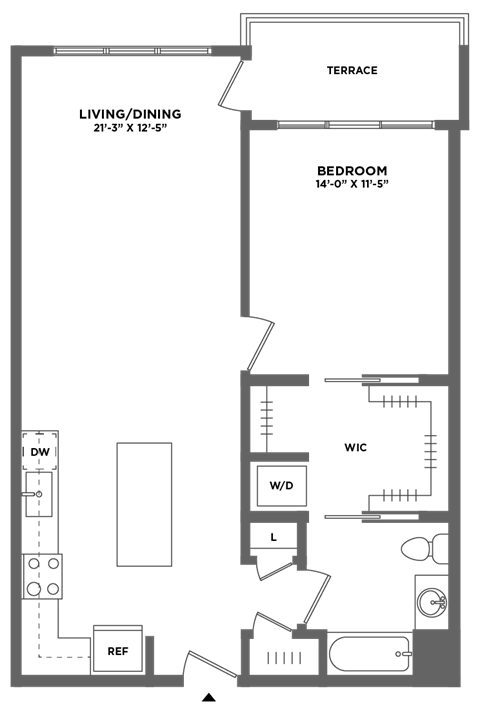 Floor plan for 1 bed, 1 bath, 863 sqft