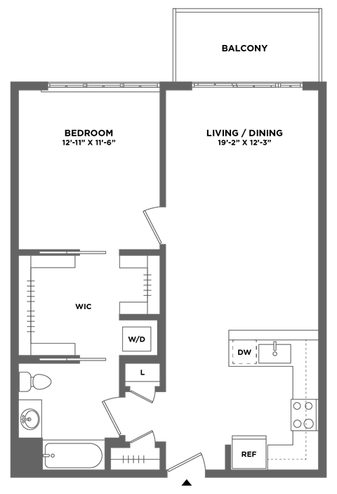 Floor plan for 1 bed, 1 bath, 799 sqft
