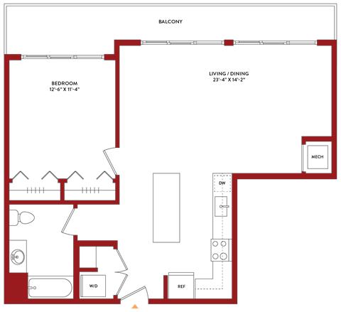 Floor plan for 1 bed, 1 bath, 949 sqft