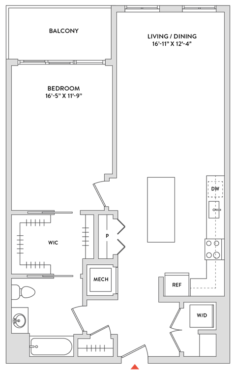 Floor plan for 1 bed, 1 bath, 945 sqft