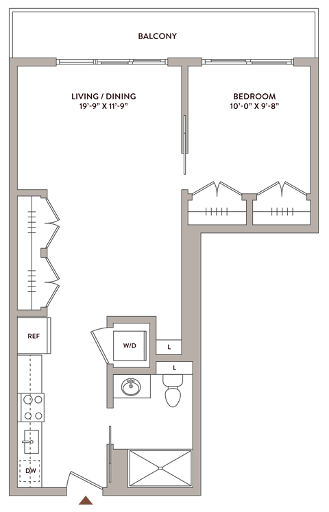 Floor plan for 1 bed, 1 bath, 630 sqft