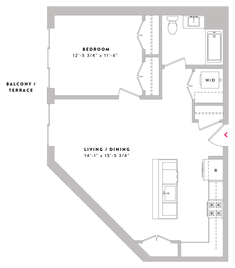 Floor plan for 1 bed, 1 bath, 812 sqft