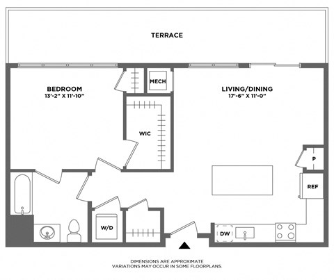 Floor plan for 1 bed, 1 bath, 791 sqft
