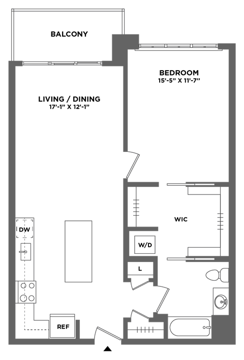 Floor plan for 1 bed, 1 bath, 792 sqft