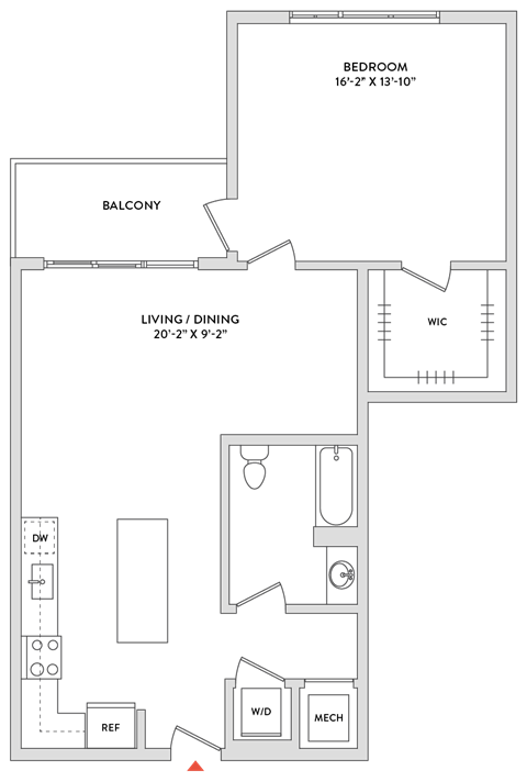Floor plan for 1 bed, 1 bath, 955 sqft