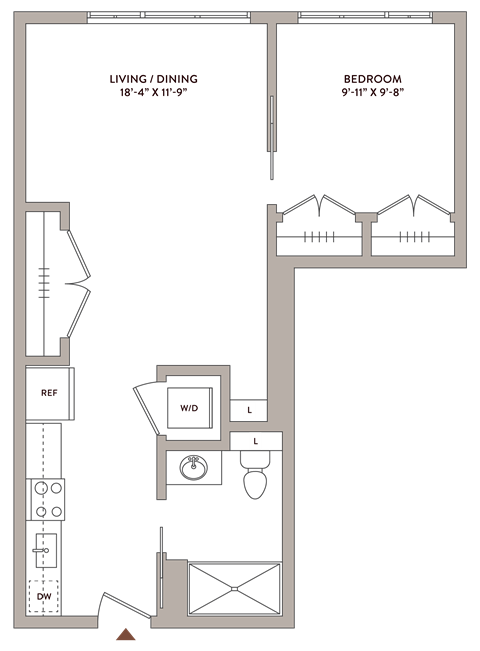 Floor plan for 1 bed, 1 bath, 610 sqft
