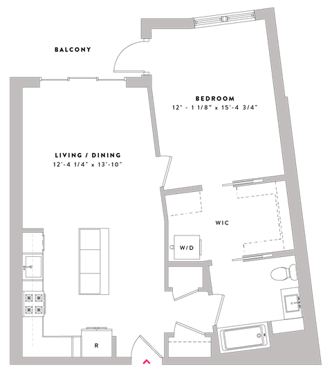 Floor plan for 1 bed, 1 bath, 848 sqft