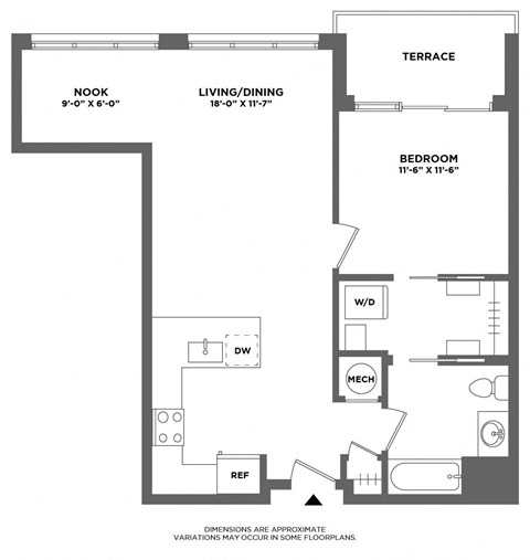 Floor plan for 1 bed, 1 bath, 791 sqft