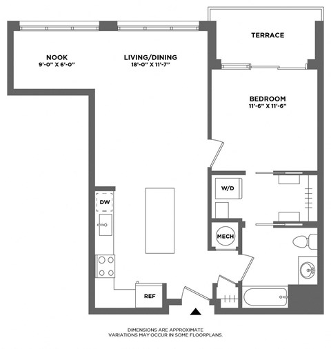 Floor plan for 1 bed, 1 bath, 821 sqft
