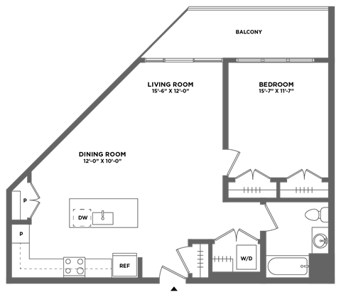Floor plan for 1 bed, 1 bath, 840 sqft
