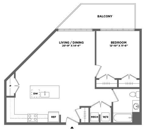 Floor plan for 1 bed, 1 bath, 814 sqft