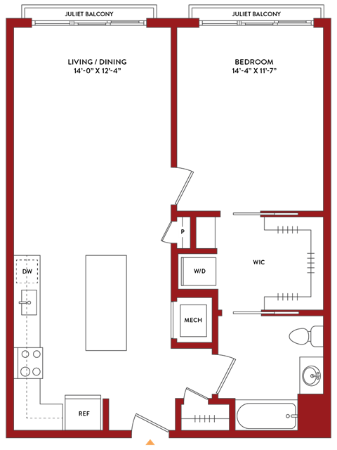 Floor plan for 1 bed, 1 bath, 795 sqft