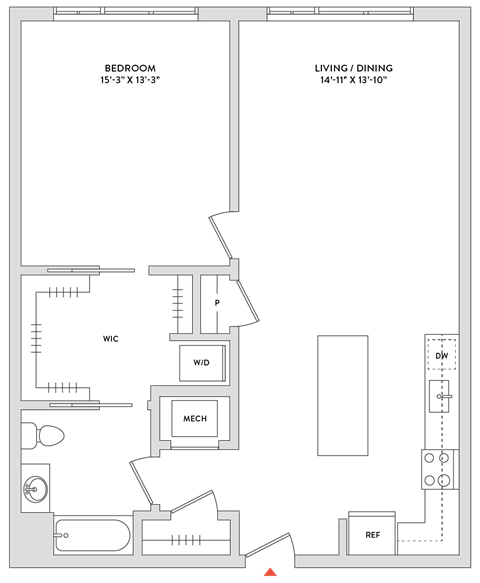 Floor plan for 1 bed, 1 bath, 962 sqft