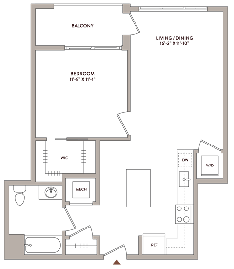 Floor plan for 1 bed, 1 bath, 738 sqft