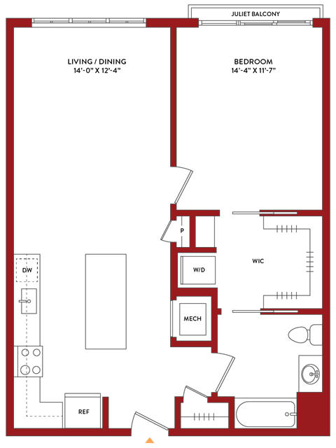 Floor plan for 1 bed, 1 bath, 795 sqft