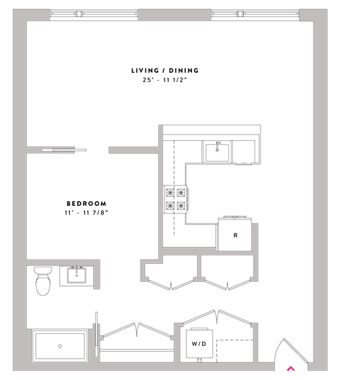 Floor plan for 1 bed, 1 bath, 857 sqft